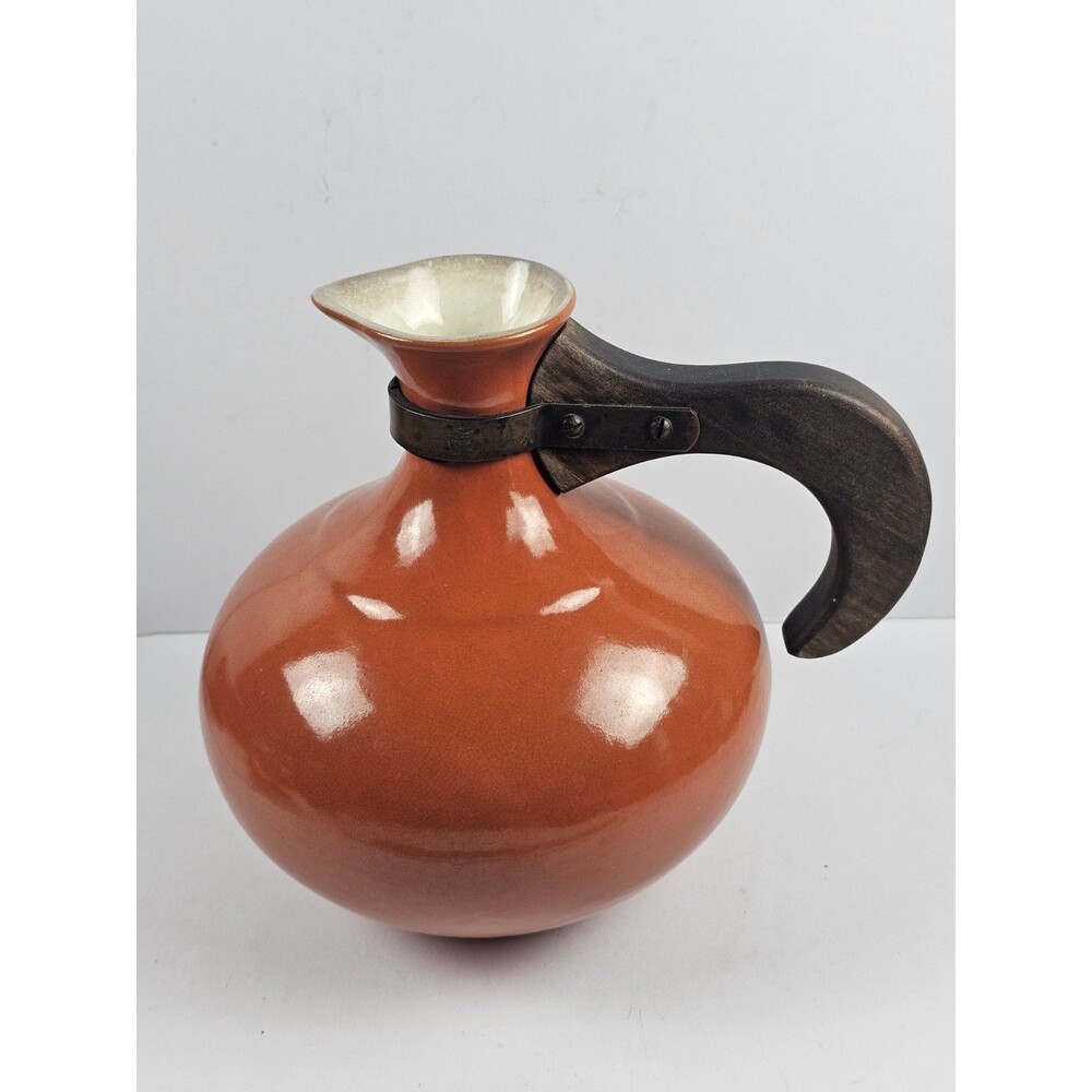 Gypsy Red Wing Vintage Pottery Orange 8" Carafe Pitcher Wooden Copper Handle